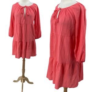 J Crew Cotton Gauze Mini Dress Keyhole V Neck Long Sleeve Coral Pink Womens M